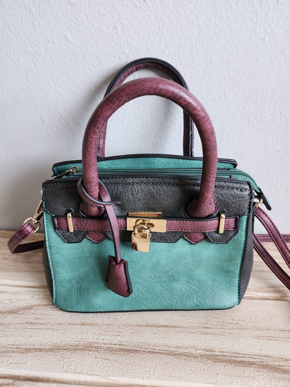 Color Block Satchel Handbag Teal Purple dark  Gray  Top Handle Crossbody